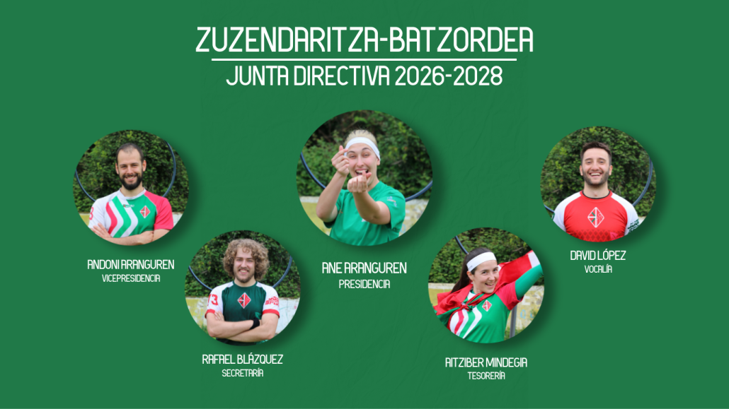 Muestra el equipo de la Junta Directiva para la temporada 2026-2028. Liderada por Ane Aranguren en el puesto de presidencia junto con Andoni Aranguren en la vicepresidencia, Aitziber Mindegia en tesorería, Rafael Blazquez en secretaría y David Lopez en vocalía.