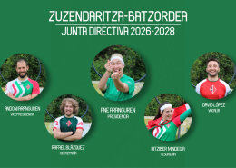 Equipo de la Junta Directiva para la temporada 2026-2028. Liderada por Ane Aranguren en el puesto de presidencia junto con Andoni Aranguren en la vicepresidencia, Aitziber Mindegia en tesorería, Rafael Blazquez en secretaría y David Lopez en vocalía.