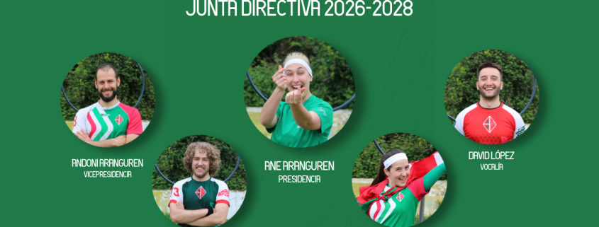 Equipo de la Junta Directiva para la temporada 2026-2028. Liderada por Ane Aranguren en el puesto de presidencia junto con Andoni Aranguren en la vicepresidencia, Aitziber Mindegia en tesorería, Rafael Blazquez en secretaría y David Lopez en vocalía.
